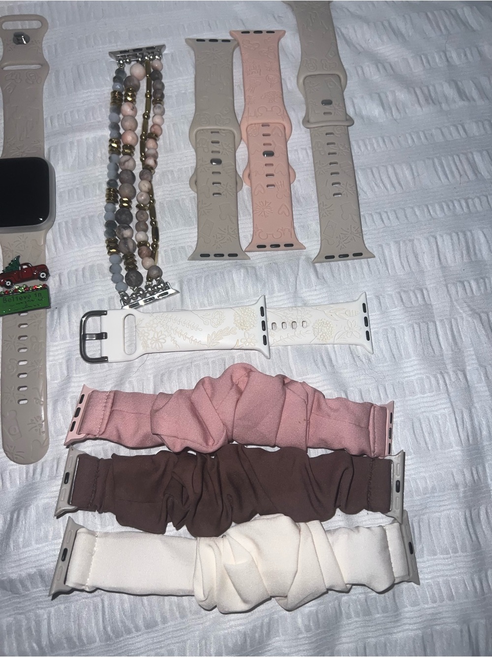 Apple Watch with Beige Sport Band and Beaded Bracelet Accent - Picture 5 of 7